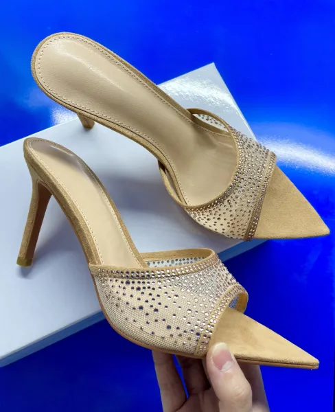 Design Mesh-Embellished Pointed-Toe Mule Heels Black - 5