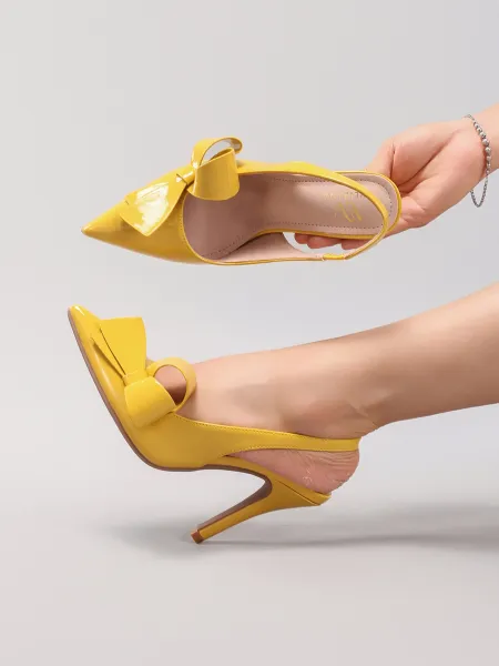 Design Bow Detail Nude Patent Leather Slingback Stilettos - 11