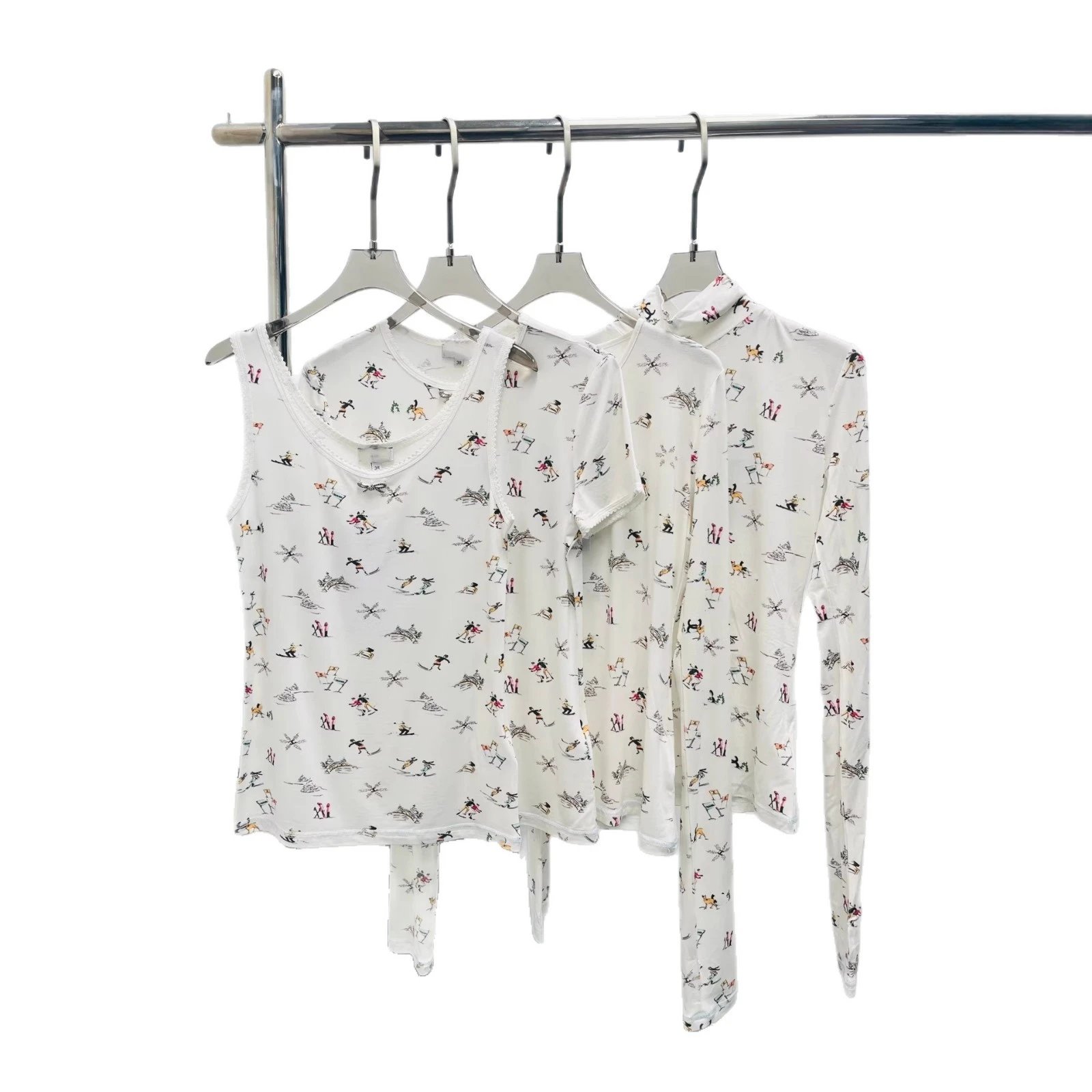 White Long Sleeve Print Top Light Gray Patterned Wide Leg Pants Casual Outfit