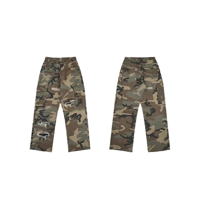 Denim Wide Leg Distressed Blue Camo Black Flared Jeans