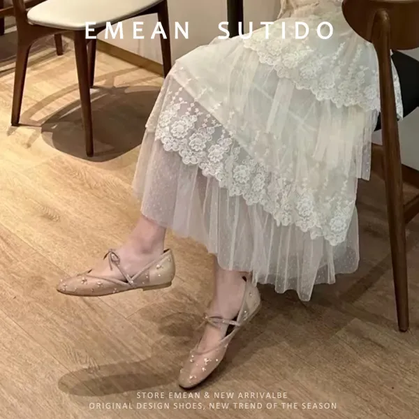 Design Crystal-Embellished Beige Mary Jane Flats Casual Shoes - 10