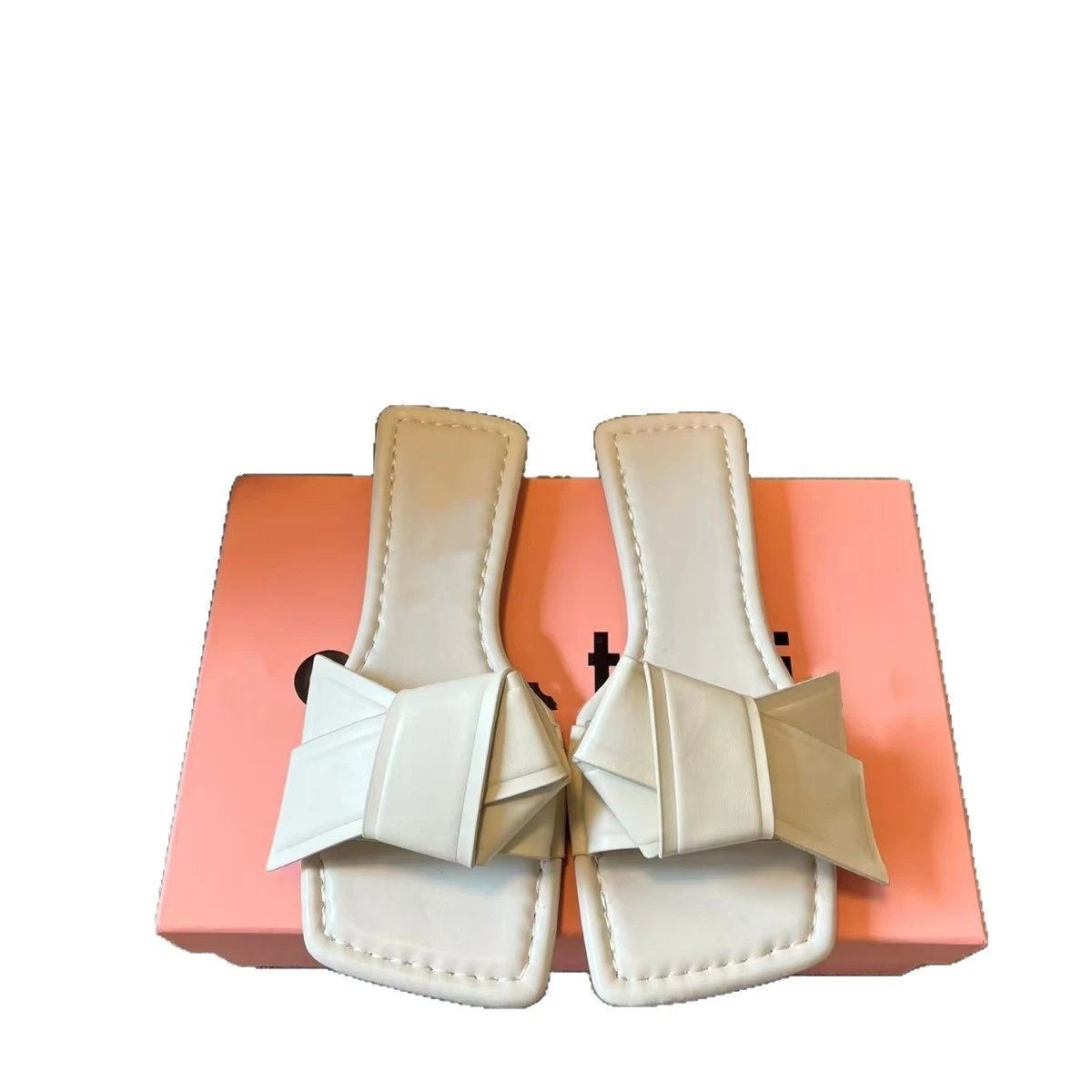 Faux Leather Square Toe Bow Slide Sandals