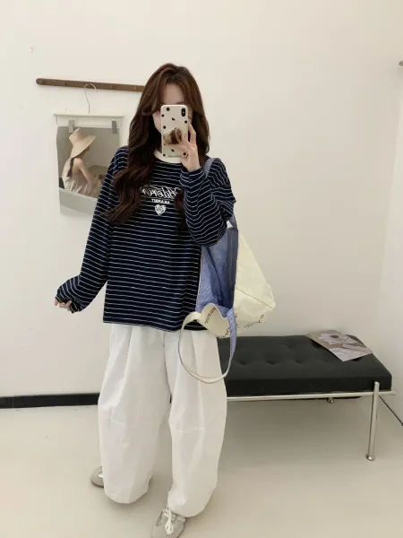 Aeae Striped Logo Long-Sleeve T-Shirt Navy - 5