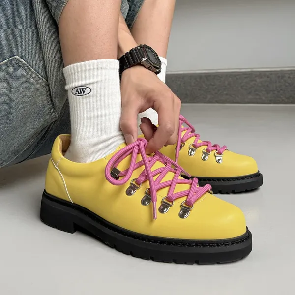 Design Hiking-Style Chunky Sole Shoes Yellow with Pink Laces Casual Shoes - 1