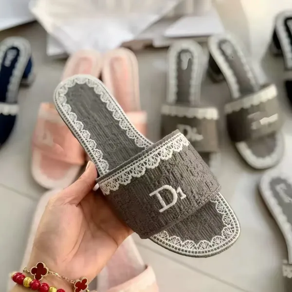 Dior D1 Lace-Trimmed Slide Sandals Gray Slippers - 1