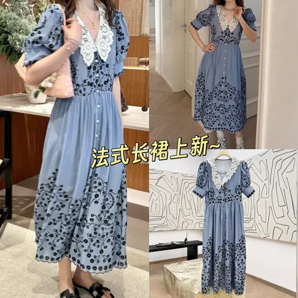Design Floral Lace-Trimmed Shirt Dress in Dusty Blue - 1