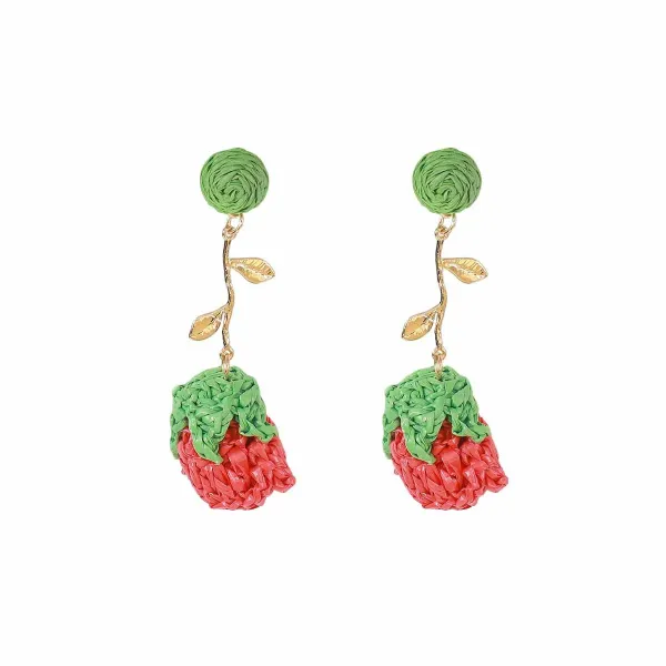 Design Strawberry Raffia Earrings Red Green Gold Jewelry - 1
