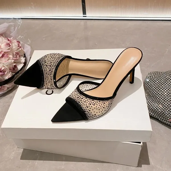 Design Mesh-Embellished Pointed-Toe Mule Heels Black - 16