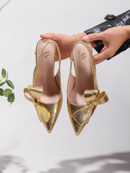 Design Bow Detail Nude Patent Leather Slingback Stilettos - 25