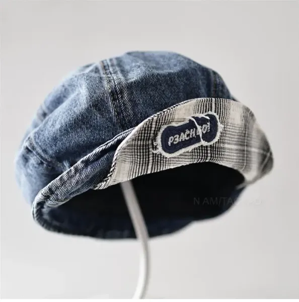 Design Denim Beret with Plaid Lining and Embroidered Logo Hat Hats - 8