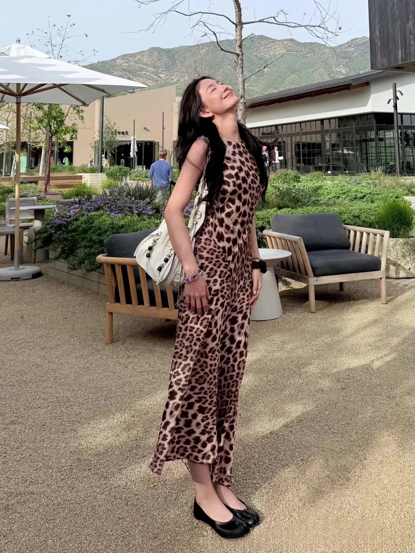 Design Leopard Print Slip Dress Beige Brown Women's Maxi Dress - 3