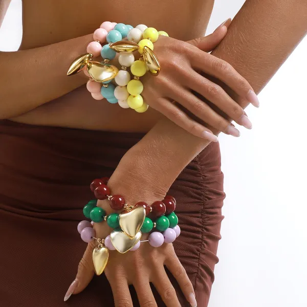 Design Heart Charm Bracelet Lilac Beaded Stretch Bracelet Jewelry - 15
