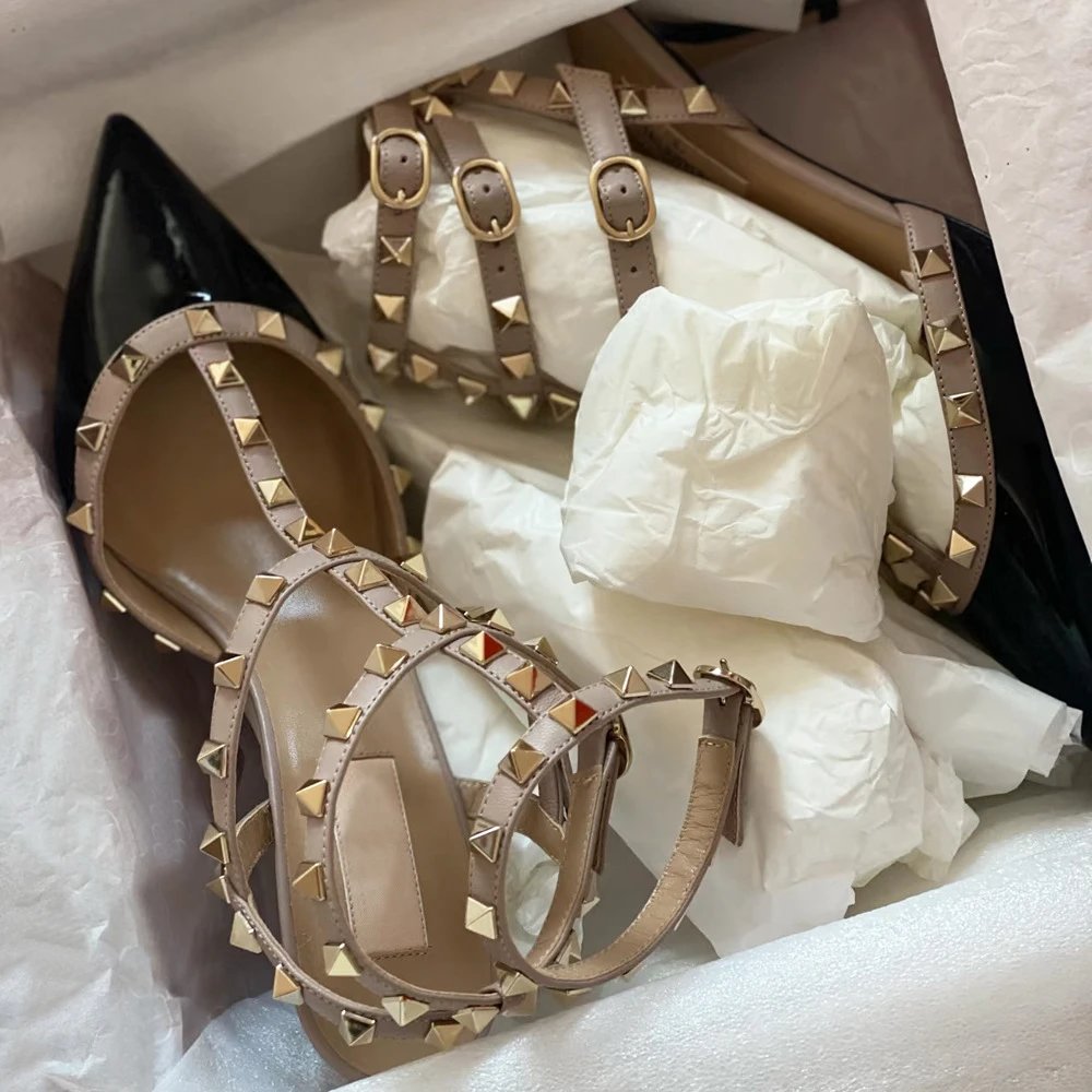 Valentino Rockstud Strappy Sandals Beige and Black Heels