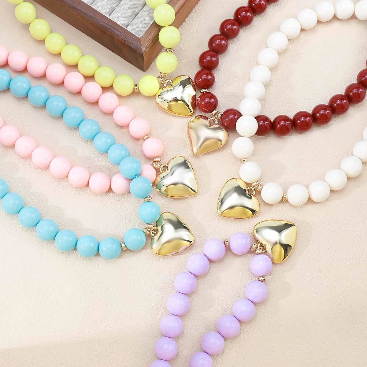 Design Heart Charm Bracelet Lilac Beaded Stretch Bracelet Jewelry - 30
