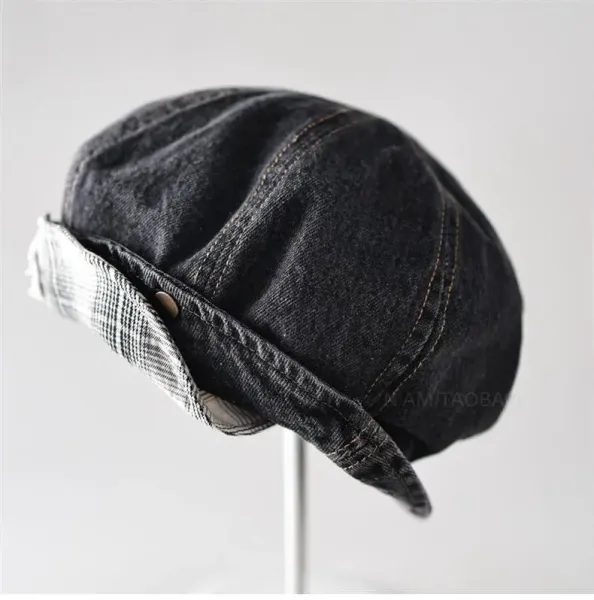 Design Denim Beret with Plaid Lining and Embroidered Logo Hat Hats - 10