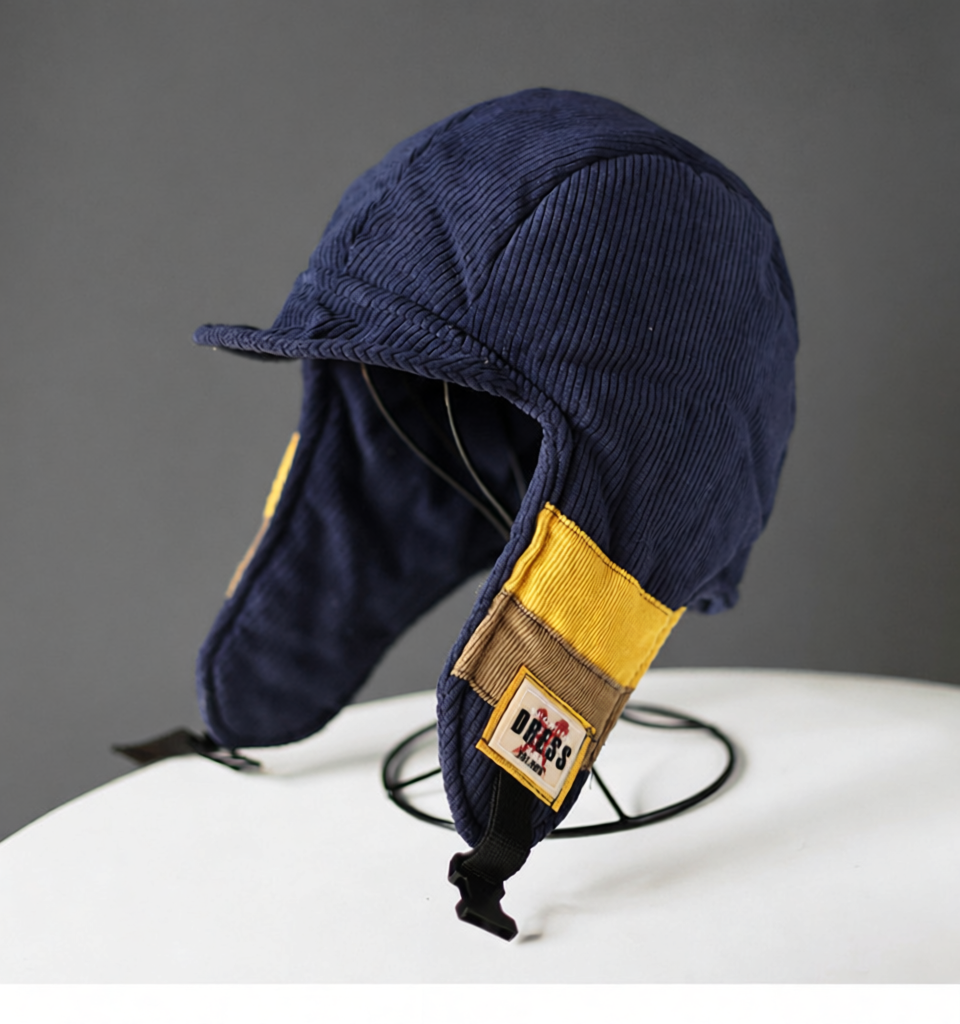 Design DRESS Trapper Hat Navy Corduroy with Yellow Patch Hats