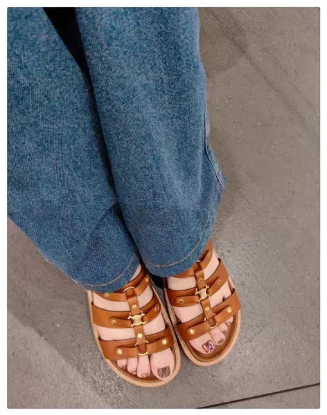 Celine Triomphe Slide Sandals Black and Tan Leather Slippers - 6