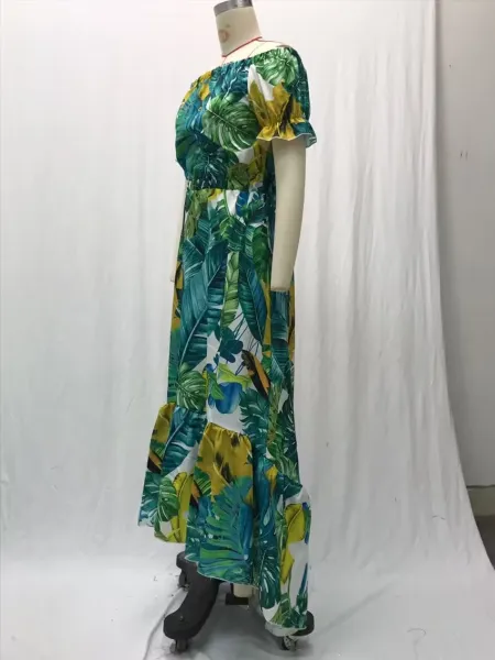 Design Tropical Leaf Print Off-Shoulder Maxi Dress - 10