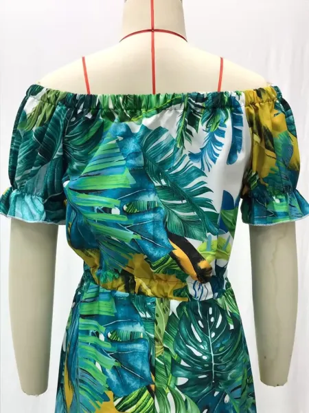 Design Tropical Leaf Print Off-Shoulder Maxi Dress - 13