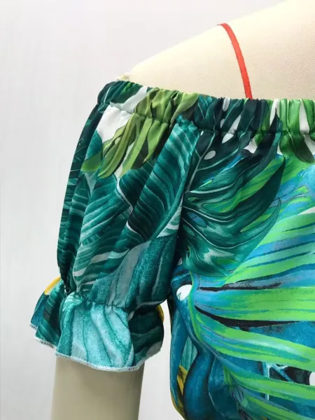 Design Tropical Leaf Print Off-Shoulder Maxi Dress - 17