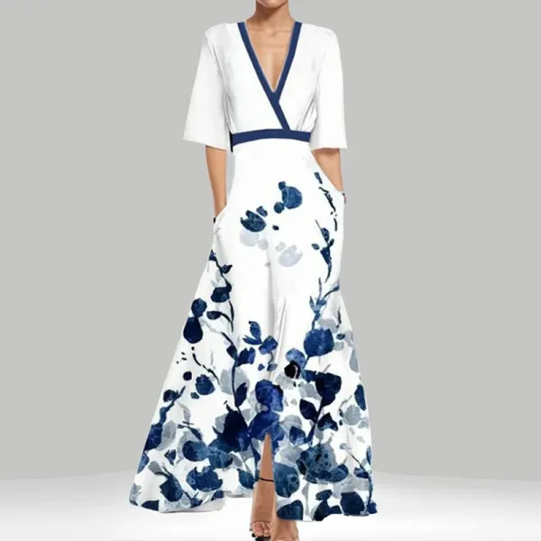 Design Floral Print V-Neck Wrap Maxi Dress in Light Blue and Red - 23