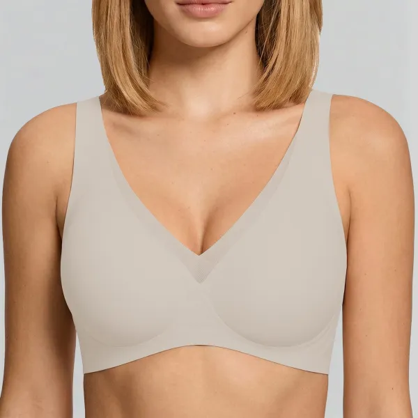 Design Beige Seamless V-Neck Wireless Bra Underwear - 12