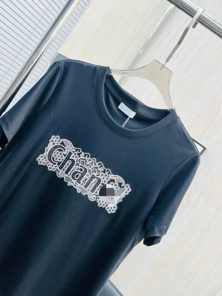 Chanel Lace-Embellished 'Chan' Logo Black T-Shirt - 11