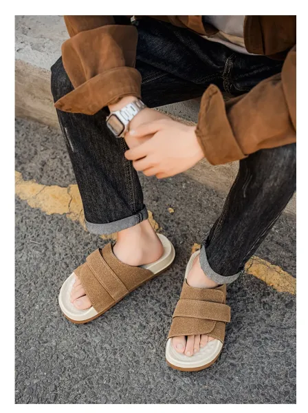 Design Two-Strap Slide Sandals Beige and Black Slippers - 14
