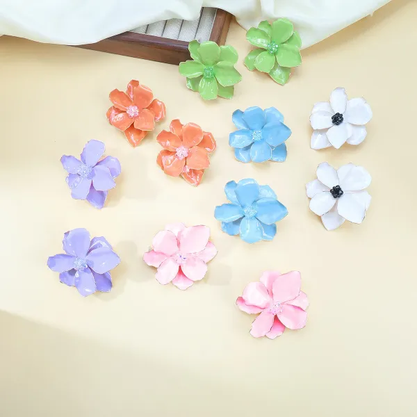 Design Floral Enamel Stud Earrings White with Black Crystal Center Jewelry - 13