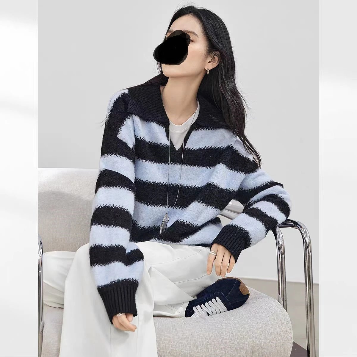 Design Striped Collared Knit Sweater in Navy and Cream Sweater - 2