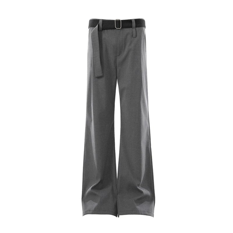Design Cropped T-Shirt Beige + Pleated Wide-Leg Pants Gray with Belt - 15