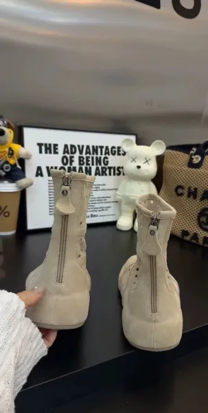 Design Perforated Suede Ankle Boots Beige Boots - 3