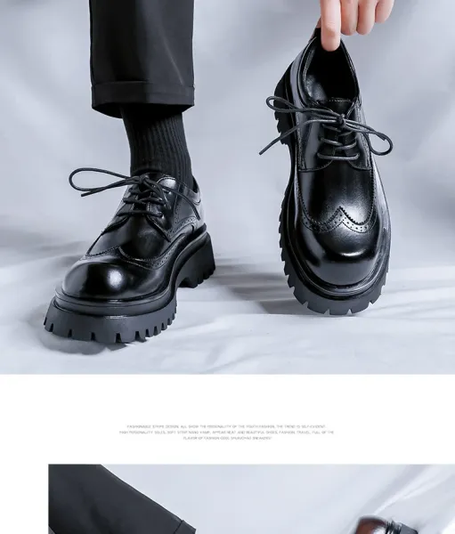 Design Brogue Platform Oxford Black Leather Shoes - 10