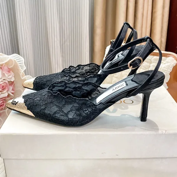 Design Lace-Trimmed Pointed-Toe Mules with Gold Cap Toe and Ankle Strap Heels - 13