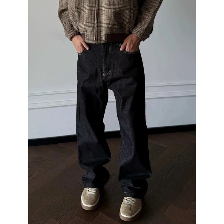 Dark Indigo Denim Jeans Black Raw Hem Straight Fit