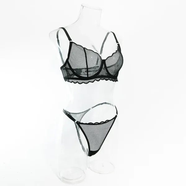 Design Maison de Reefur Black Mesh Lace Bra and Thong Set Underwear - 29
