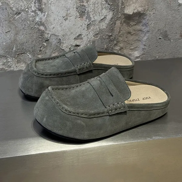 Design Suede Penny Loafer Mule Gray Shoes - 1