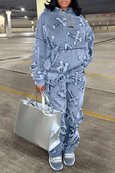 Design Crossbones Print Denim-Style Hoodie and Sweatpants Set Gray - 11