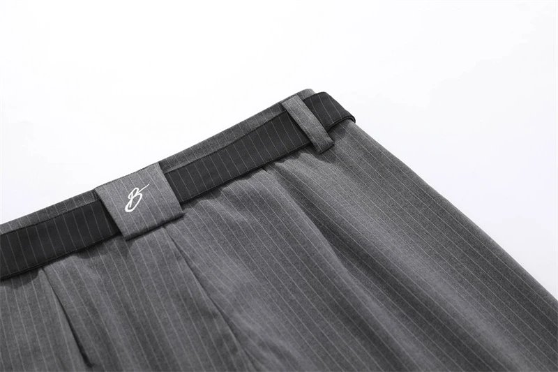 Design Cropped T-Shirt Beige + Pleated Wide-Leg Pants Gray with Belt - 23
