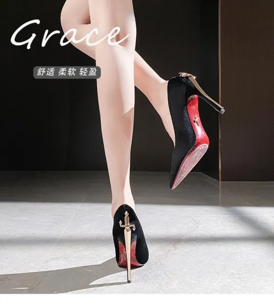 Design Stiletto Heels with Gold Sword Accent Black Heels - 2
