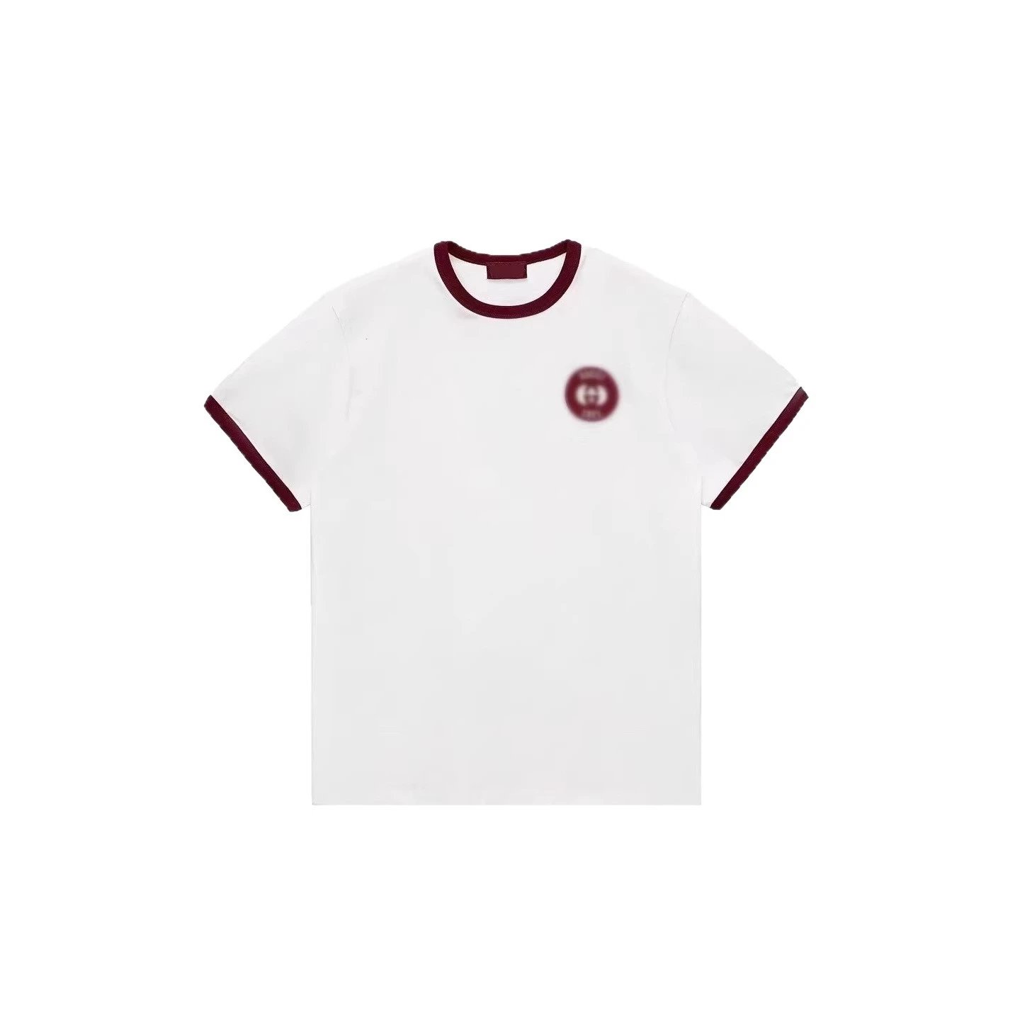 White Cotton T-Shirt With Maroon Trim And Circular Patch Casual Top