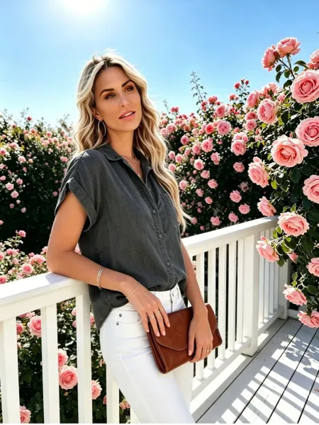 Design Light Wash Denim Shirt with Roll-Up Sleeves and Chest Pocket in Blue Tops Shirt - 11