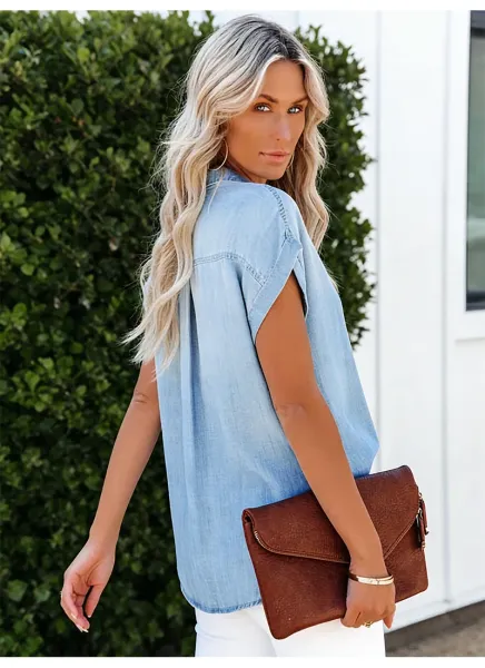 Design Light Wash Denim Shirt with Roll-Up Sleeves and Chest Pocket in Blue Tops Shirt - 14