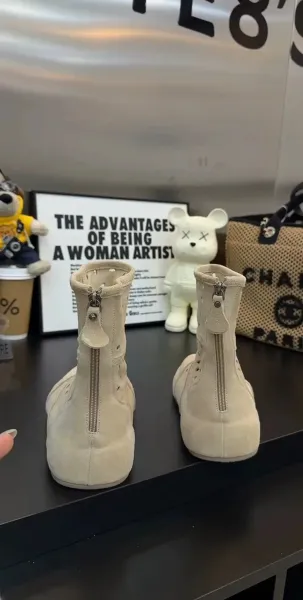Design Perforated Suede Ankle Boots Beige Boots - 7