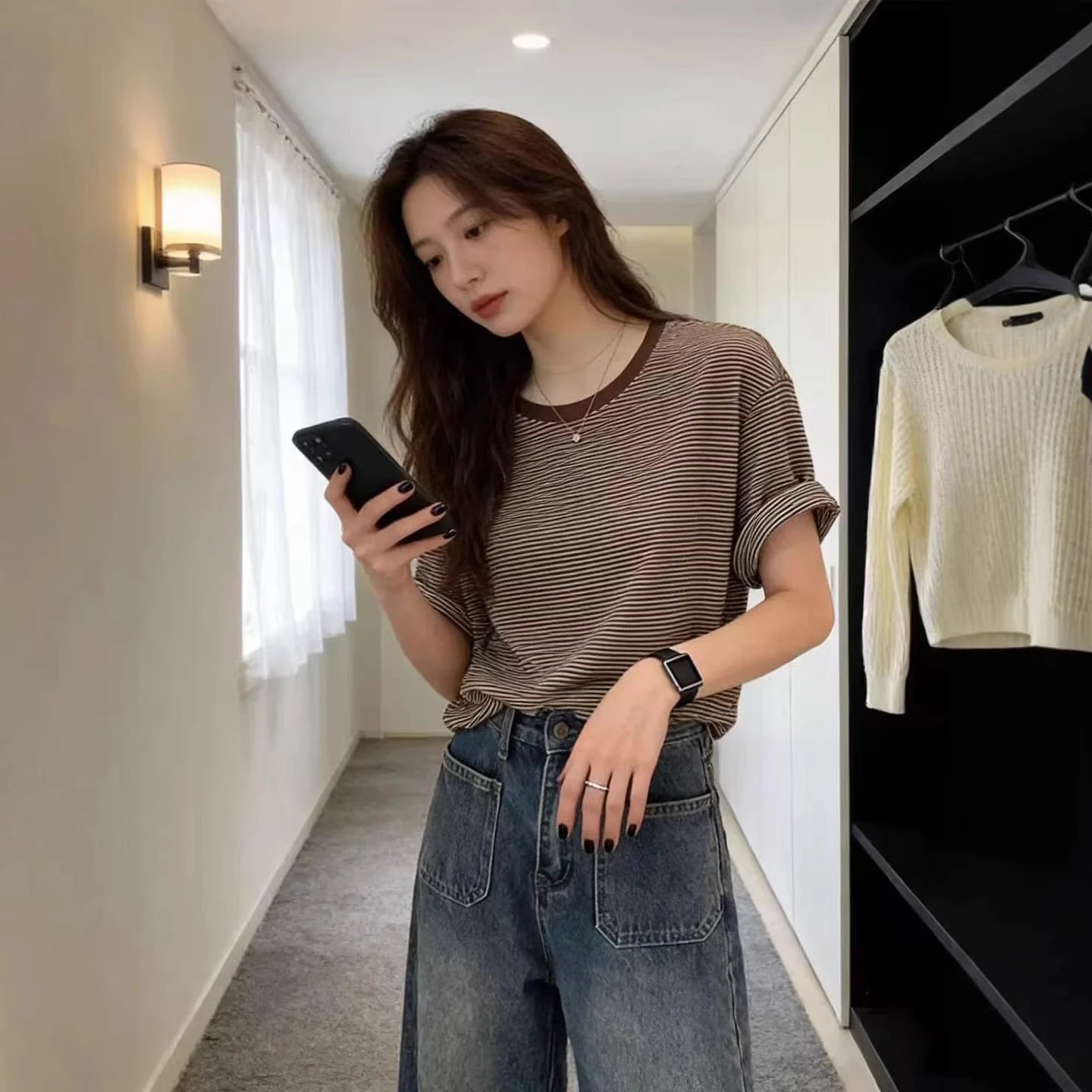 Striped Cotton T-Shirt Navy White Casual Top