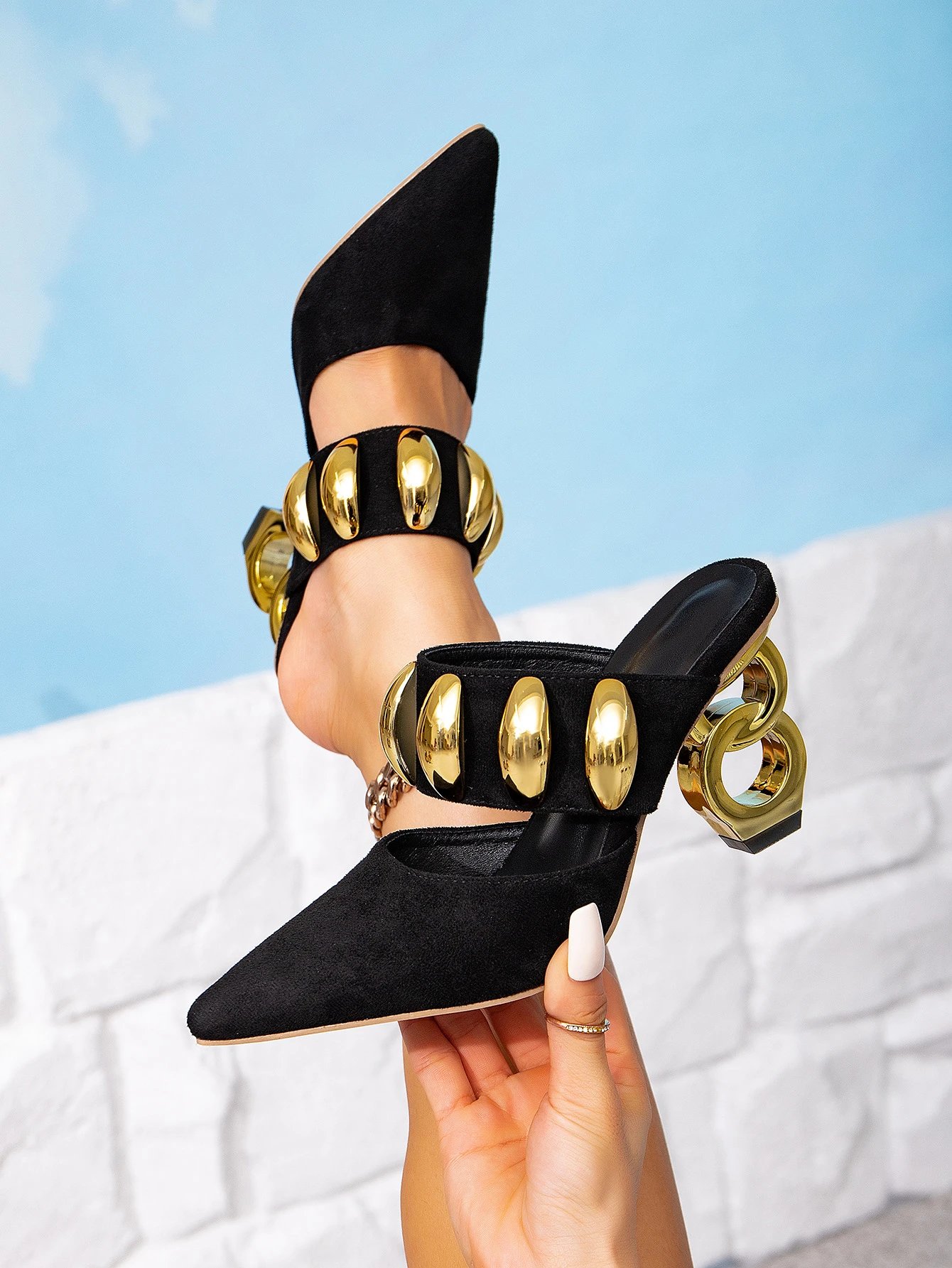 Design Mule Sandals with Gold Hardware Black Suede Heels