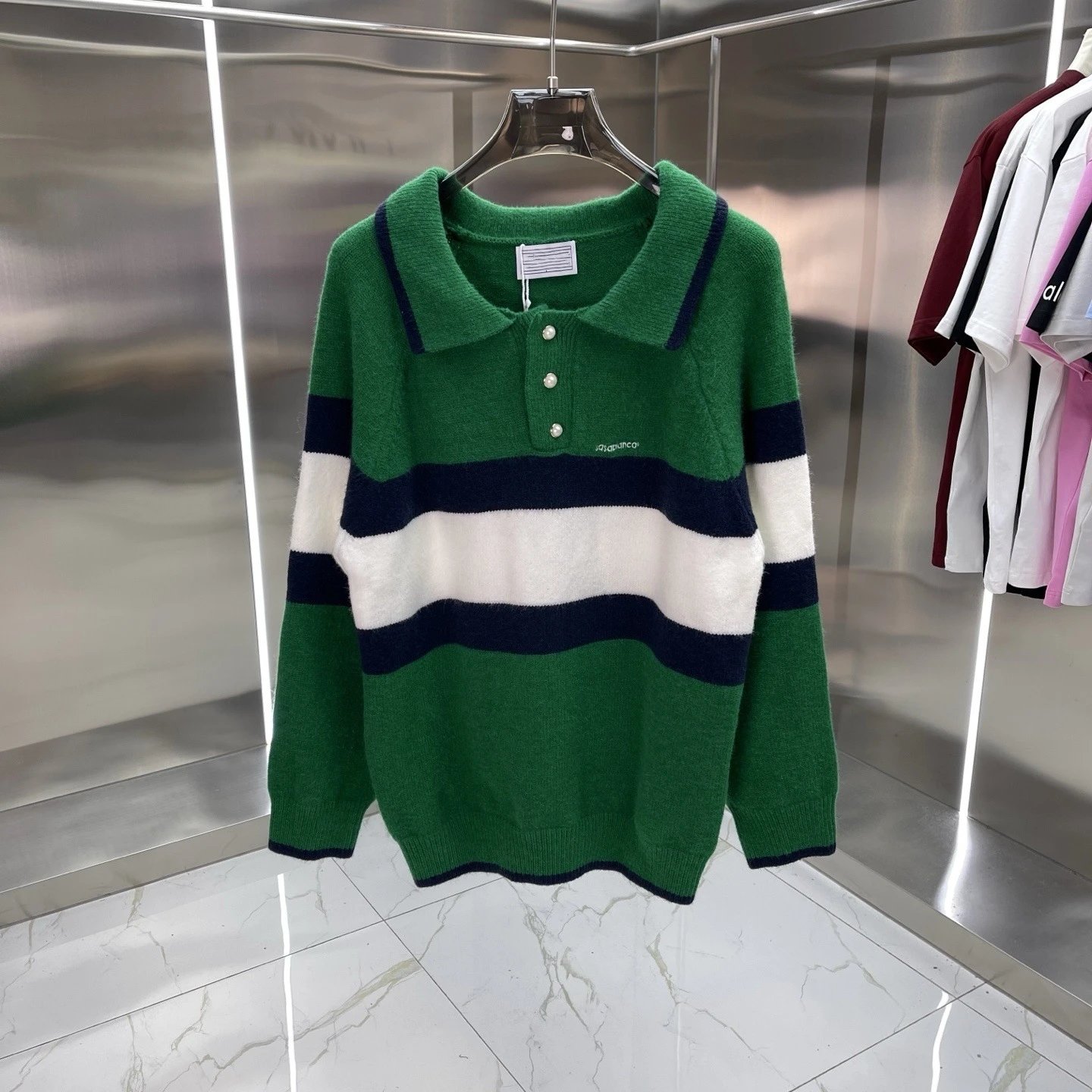 Design Knit Sweater with Green Logo Pattern White - 19