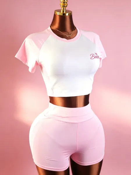 Design Babe Logo Crop Top and Glitter Shorts Set Pink Sets - 5