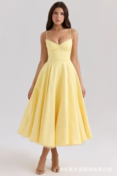 Design Yellow Lace-Trimmed Corset Midi Dress - 35