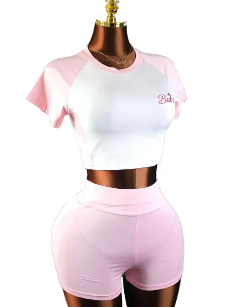 Design Babe Logo Crop Top and Glitter Shorts Set Pink Sets - 13
